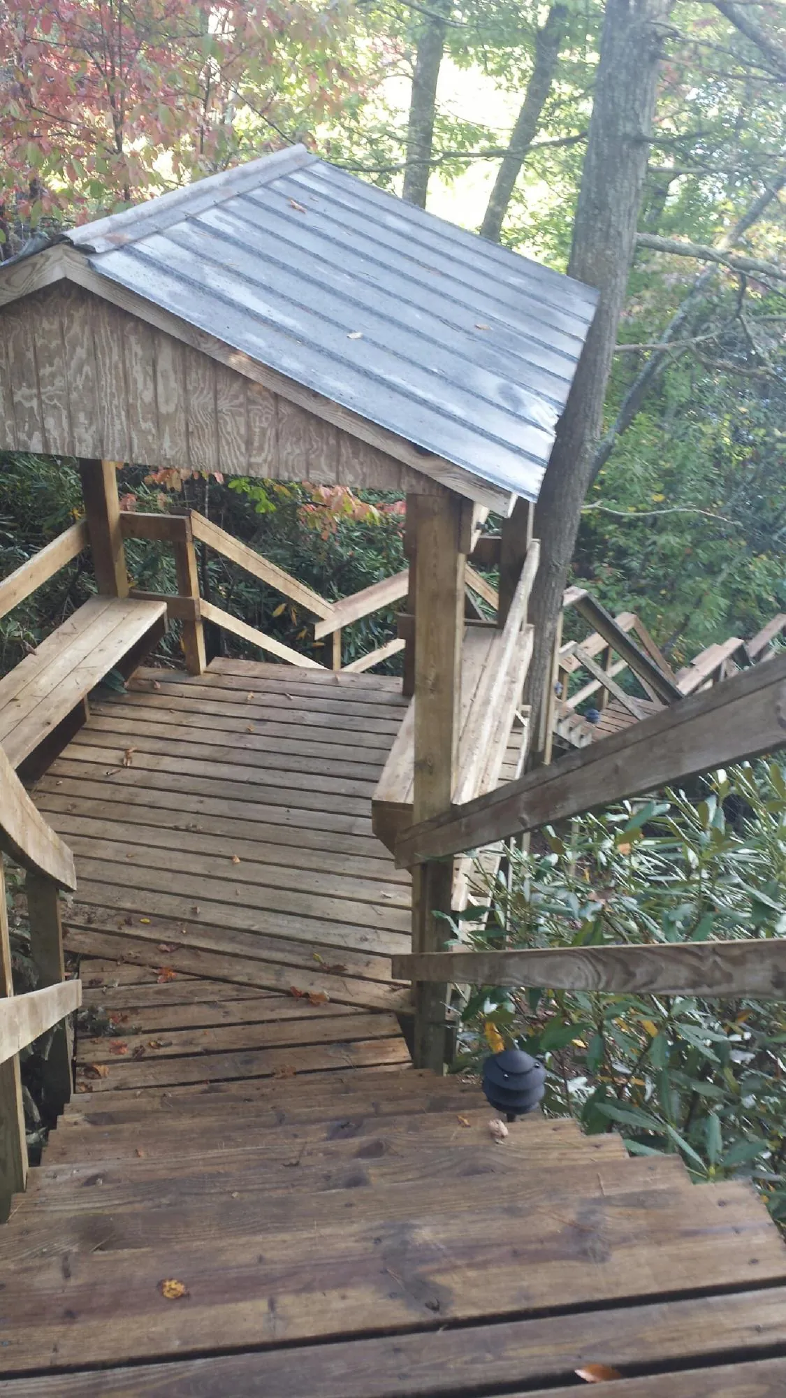 Metal roofed shelter over wooden steps on a wooded walkway — Skylight Repair & Installation work by our crew in Intercession City